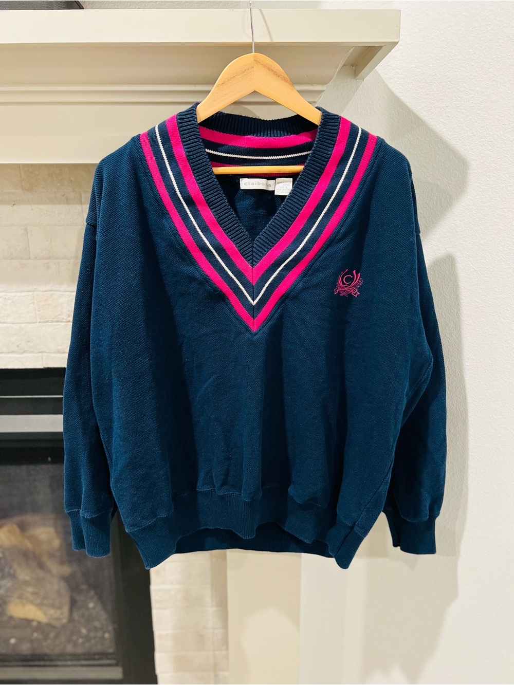Vintage Preppy Navy Blue V-Neck Pink White Stipe Trim Sweater sz Large